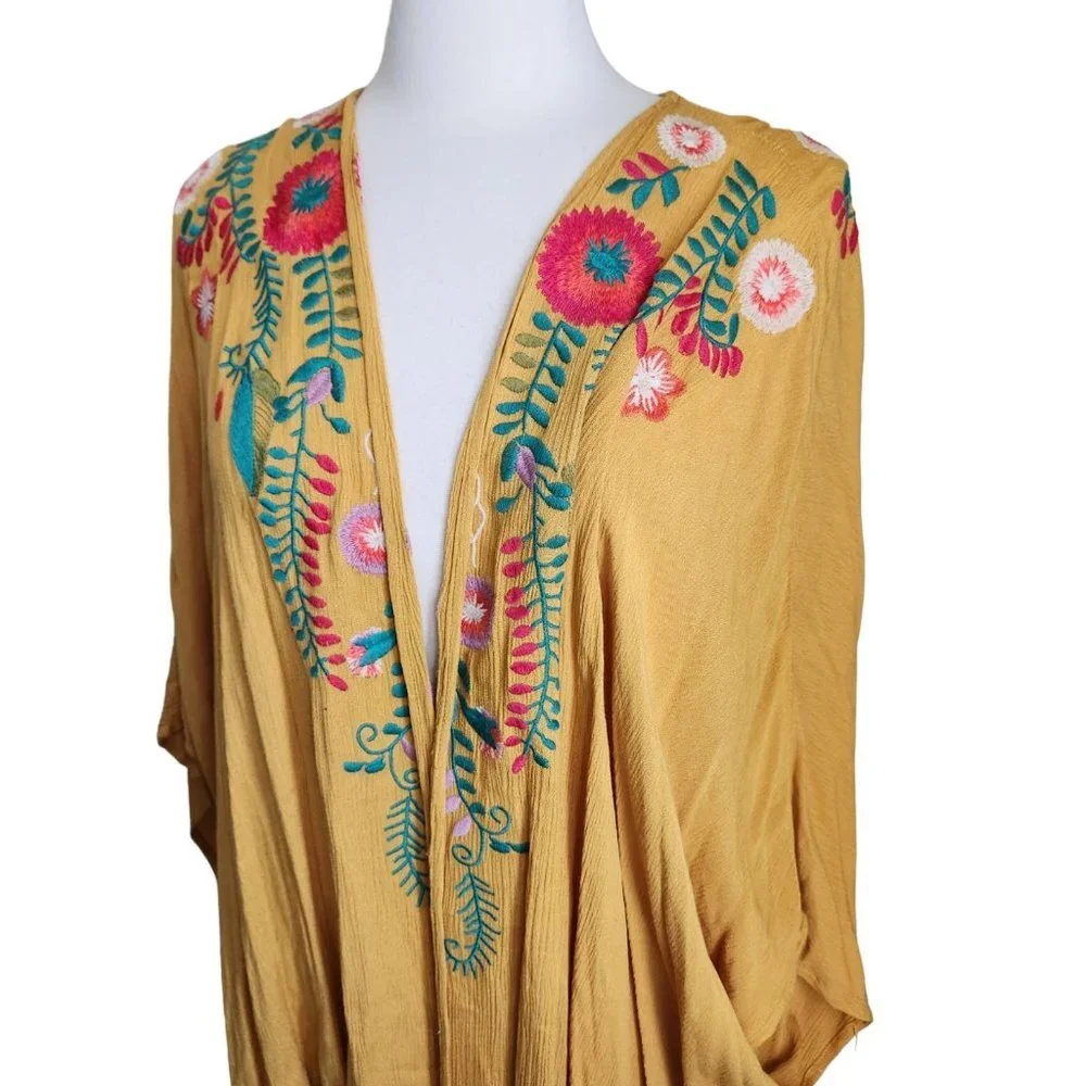 Umgee Mustard Yellow‎ Floral Embroidered Kimnono Cardigan Sz S/M Boho Cottage - Picture 3 of 15